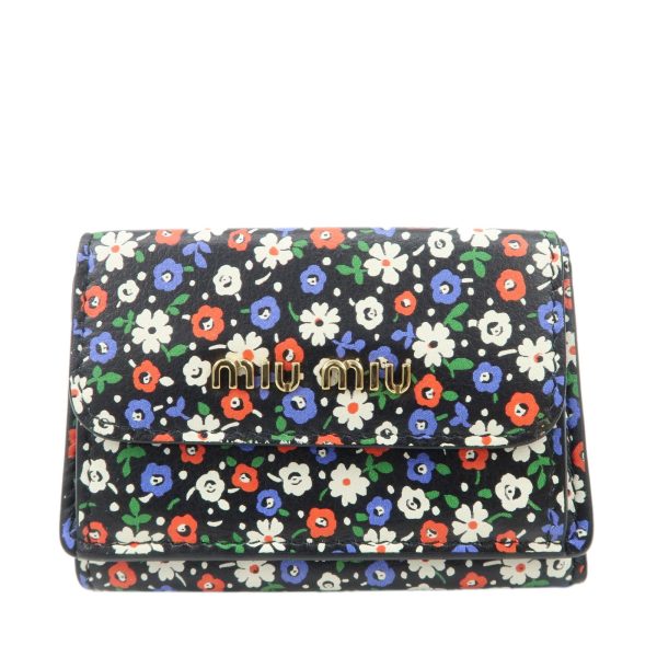 MIU MIU Leather Wallet Compact Flower Black Multicolor Online now