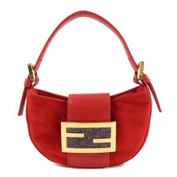 FENDI Suede Leather Mini Croissant Hand Bag Red 26673 Discount