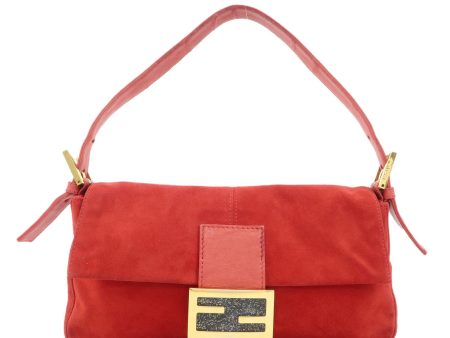 FENDI Mamma Baguette Suede Leather Shoulder Bag Red 26424 For Sale