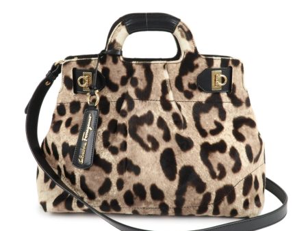 Ferragamo Gancini Unborn Calf Leather 2Way Bag Leopard Hand Bag For Discount