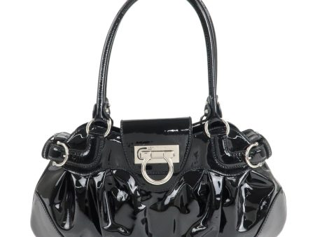 Ferragamo Gancini Patent Leather Shoulder Bag Black Silver HDW For Cheap