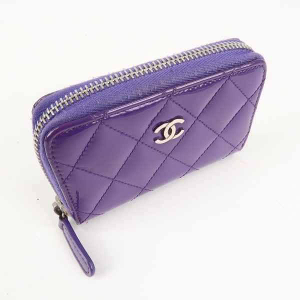 CHANEL Matelasse Patent Leather Card Case Coin Case Purple Fashion