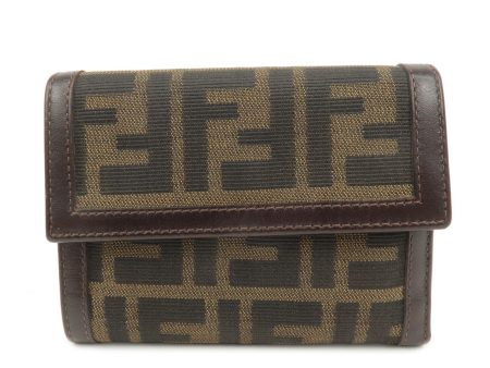 FENDI Zucca Canvas Leather Hook Tri-fold Wallet Brown 30729 Online Hot Sale