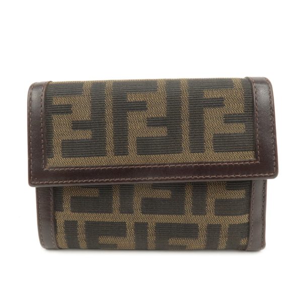 FENDI Zucca Canvas Leather Hook Tri-fold Wallet Brown 30729 Online Hot Sale